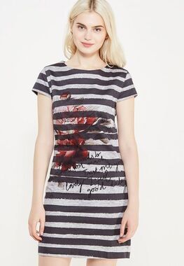 Desigual Floral Striped Mini Dress Women's Size 38 Gray Black Cap Sleeve